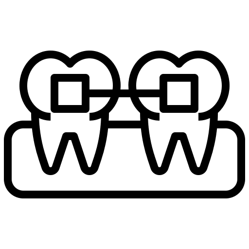 A line drawing of two teeth with braces to show that we offer clear braces at our Johns Creek orthodontist office.